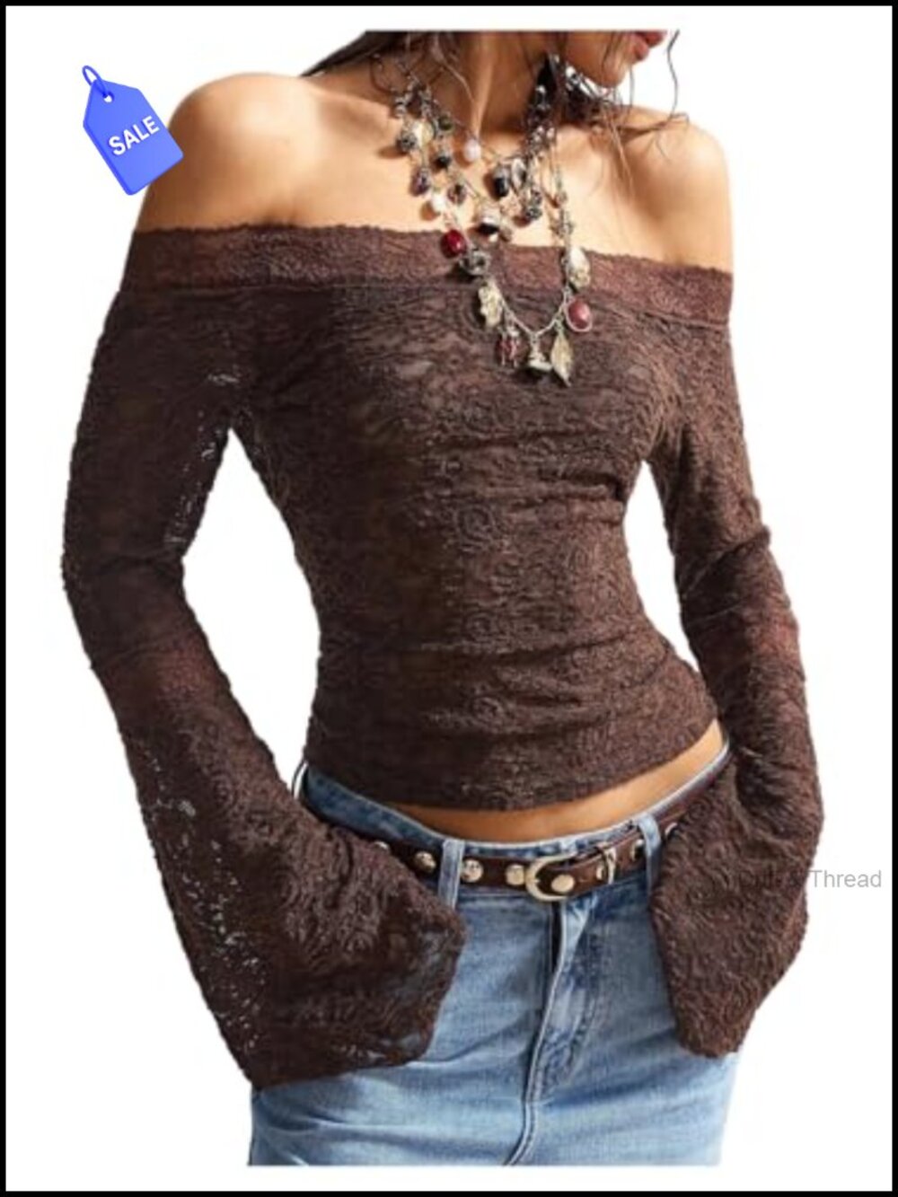 Lace Off Shoulder Top Boho Bell Sleeve Blouse